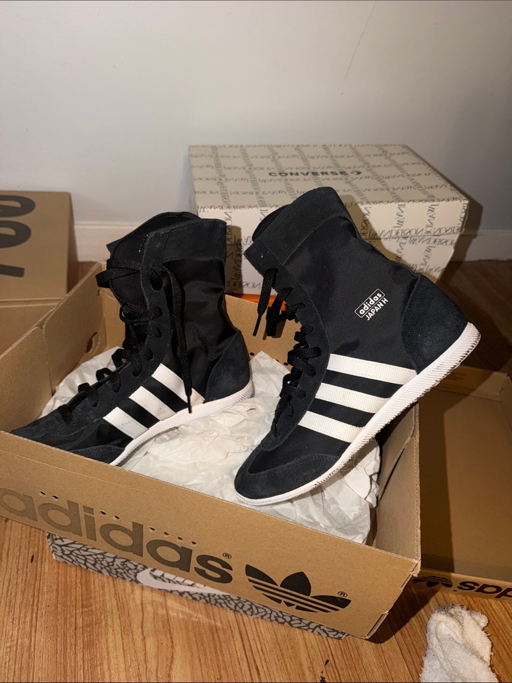 adidas Black and White Lace-Up High-Top Boxing Boots